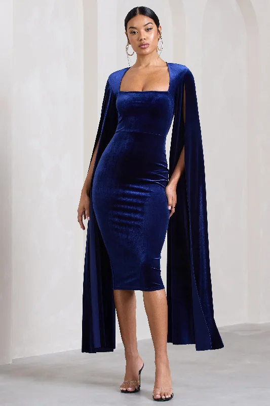 ladies-midi-dress-sage-sway-Flawless | Navy Velvet Square Neck Midi Dress With Cape Sleeves