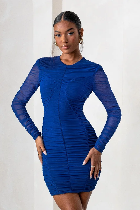 Women's mini dress flower chic -Euphoria | Royal Blue Ruched Mesh Long Sleeve Mini Dress