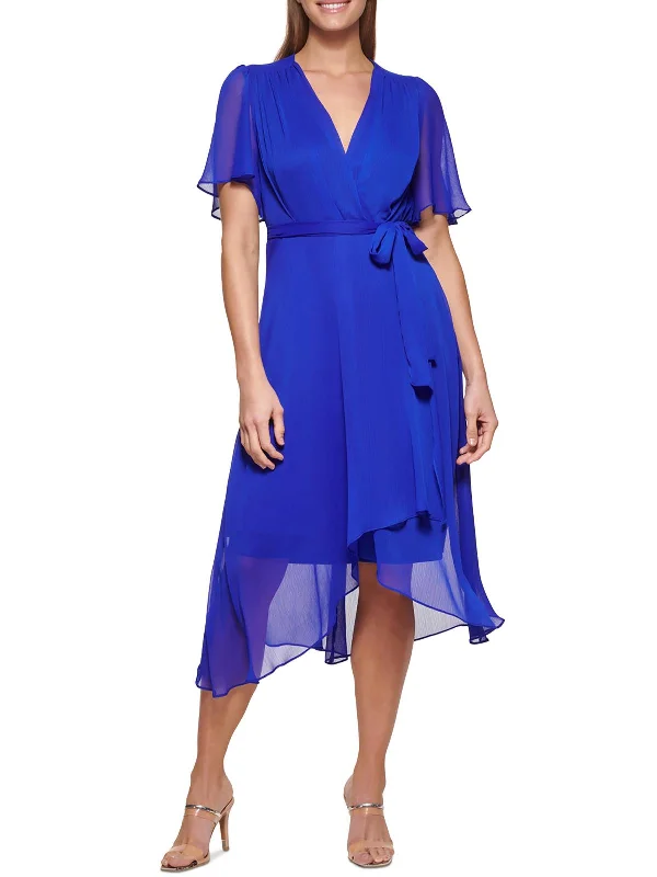 ladies-midi-dress-linen-light-Womens Flutter Sleeve Midi Wrap Dress