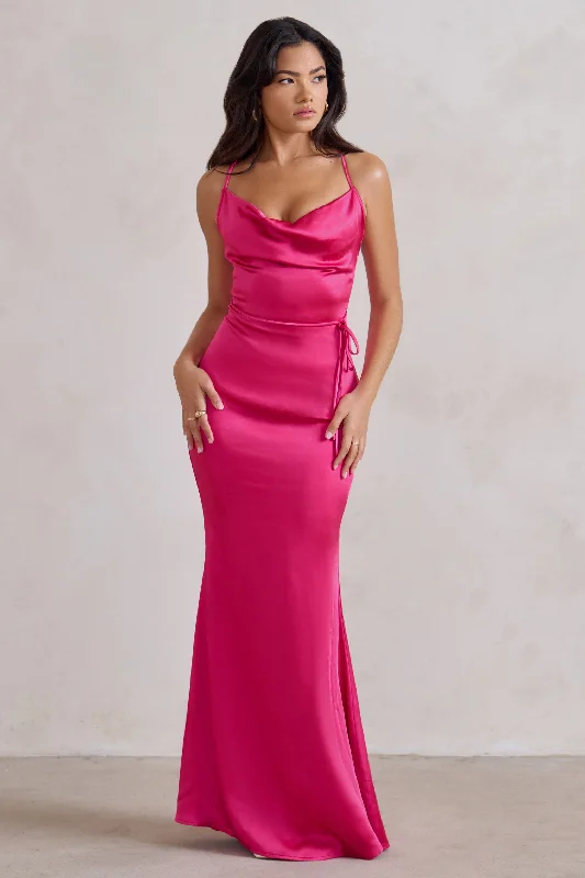 ladies-maxi-dress-burgundy-bloom-Lifetime | Fuchsia Pink Satin Cowl Neck Maxi Dress With Cross Back Detail