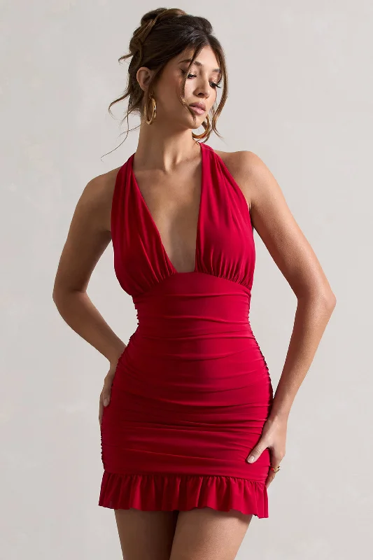 Women's mini dress rim glow -Rodeo | Red Ruched Plunge Halter-Neck Mini Dress