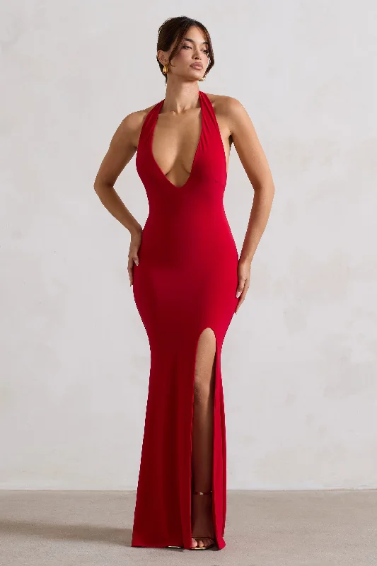 ladies-maxi-dress-cobalt-calm-Glamour | Red Backless V Plunge Halter Neck Maxi Dress With Side Split