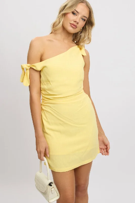 ladies-bodycon-dress-satin-slim-Yellow Bodycon Dress Tie up Shoulder Linen