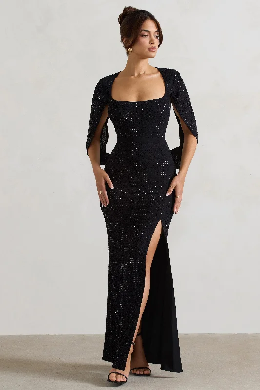 ladies-maxi-dress-draped-dream-Broadway | Black Embellished Fishtail Maxi Dress With Cape Sleeves