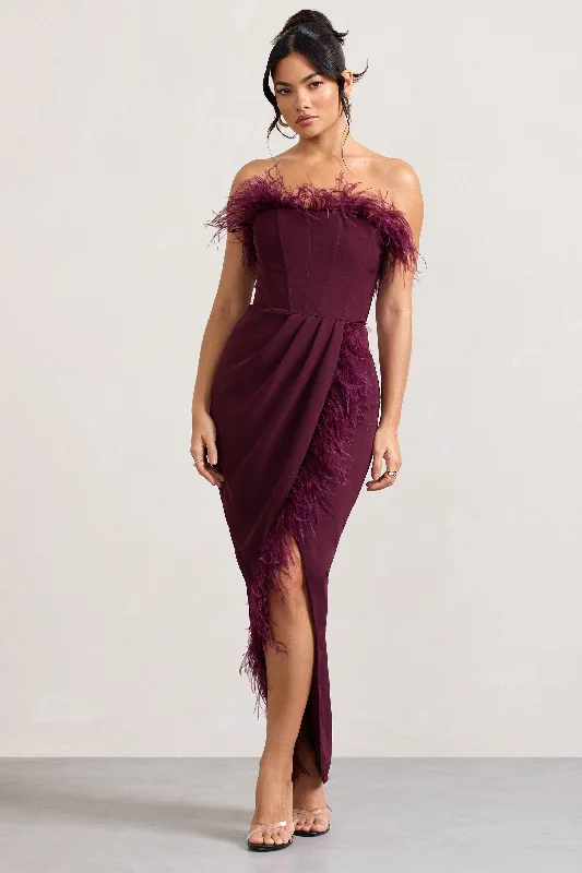 ladies-maxi-dress-cap-sleeve-calm-Cosmo | Burgundy Bandeau Feather Corset Split Maxi Dress