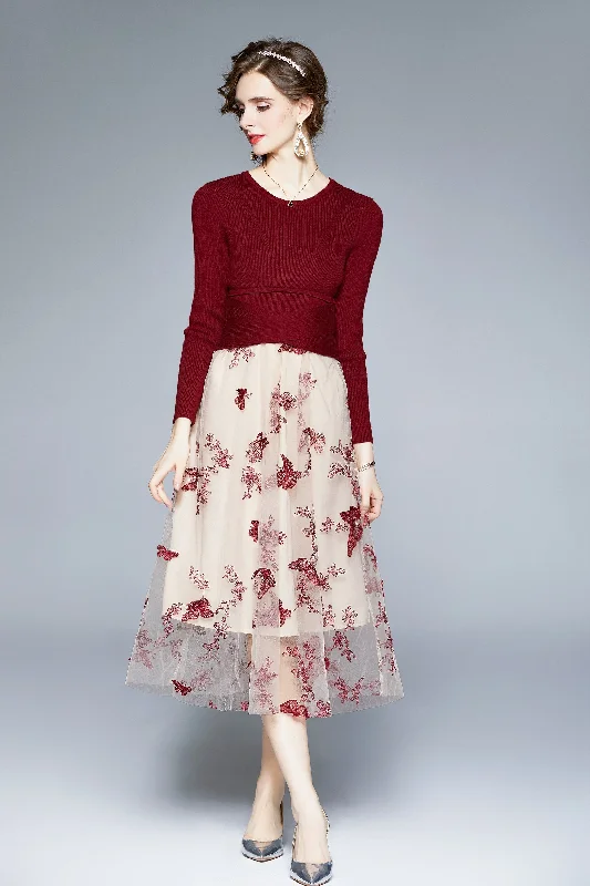 ladies-midi-dress-ruffle-ripple-Wine red & White Day A-line Crewneck 3/4 Sleeves Midi Dress