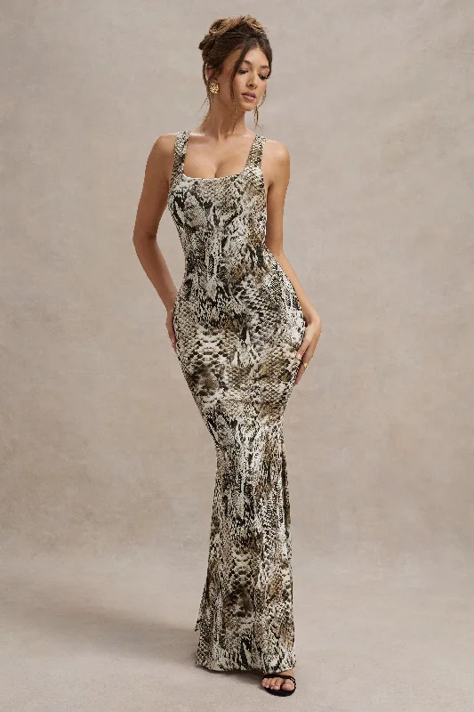 ladies-maxi-dress-halter-haven-Mahina | Snake Print Square-Neck Maxi Dress