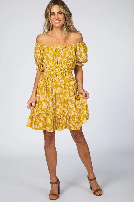 Women's mini dress teal flair -Mustard Floral Off Shoulder Mini Dress