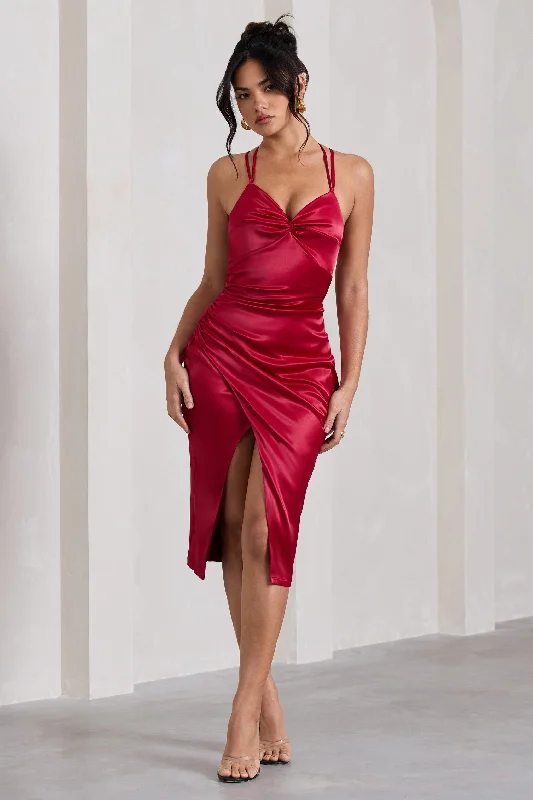 ladies-midi-dress-picnic-poem-Penelope | Red Satin Twist Front Strappy Midi Dress