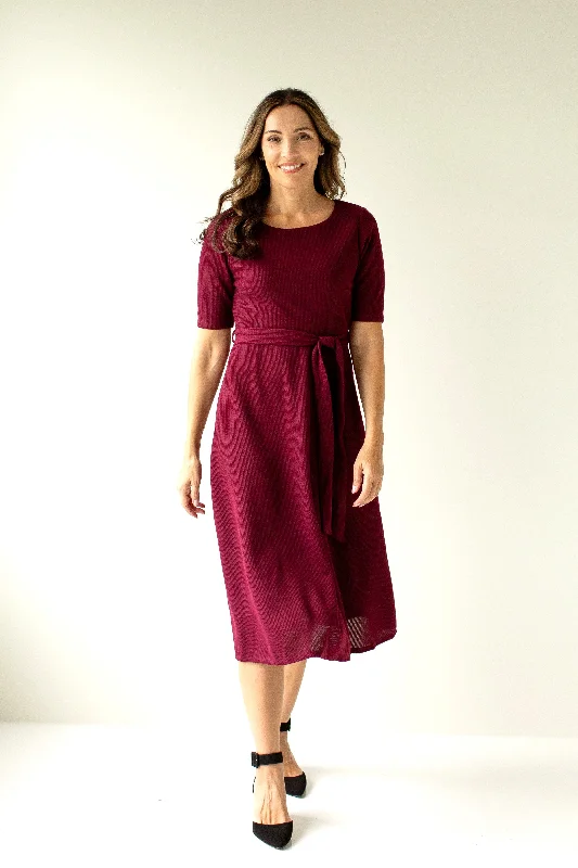 ladies-midi-dress-turquoise-twirl-'Ruby' Tie Waist Knit Midi Dress in Burgundy