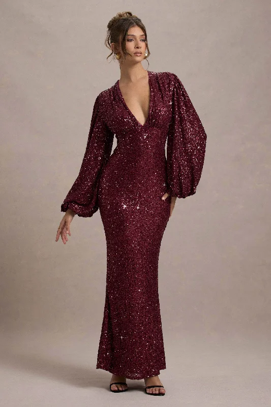 ladies-maxi-dress-preppy-pride-Kaelin | Berry Sequin Plunge-Neck Maxi Dress