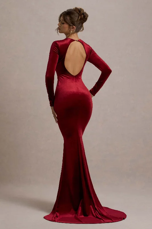 ladies-maxi-dress-ruched-rhythm-Keaton | Berry Velvet Long-Sleeve Open-Back Maxi Dress