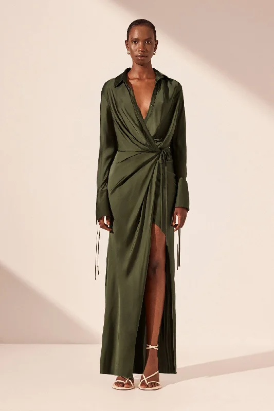 Women's shirt dress cozy pop -SHAE DRAPED SHIRT MAXI DRESS - PINE GREEN