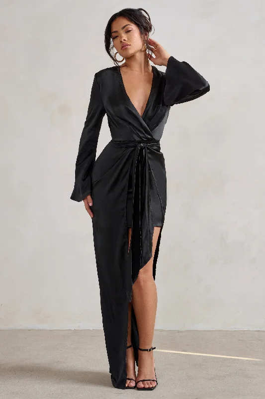 ladies-maxi-dress-metallic-muse-Patricia | Black Extreme Plunge Long Sleeve Maxi Dress With Tie Detail