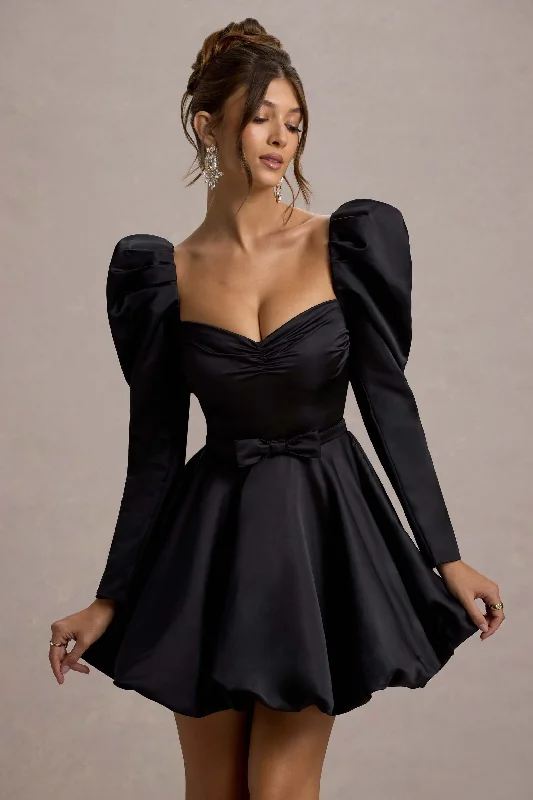 Women's mini dress rare glow -Murphy | Black Satin Belted Mini Dress With Puff Sleeves