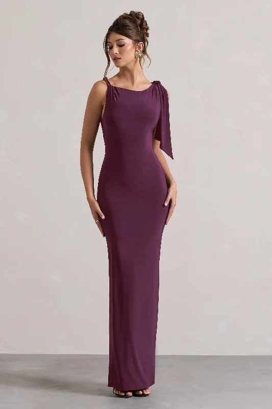 ladies-maxi-dress-trendy-twirl-Kacey | Plum Twisted Knot Maxi Dress