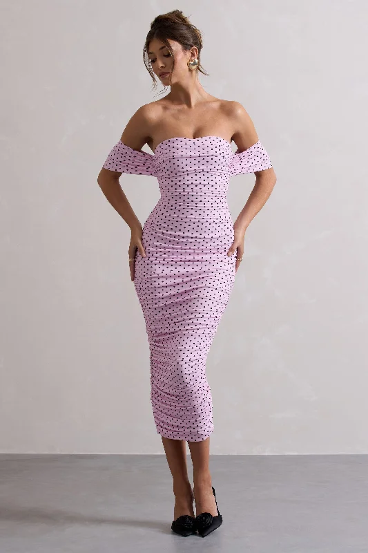 ladies-midi-dress-floral-flair-Lost For Words | Pink Polka Dot Bardot Ruched Draped Midi Dress