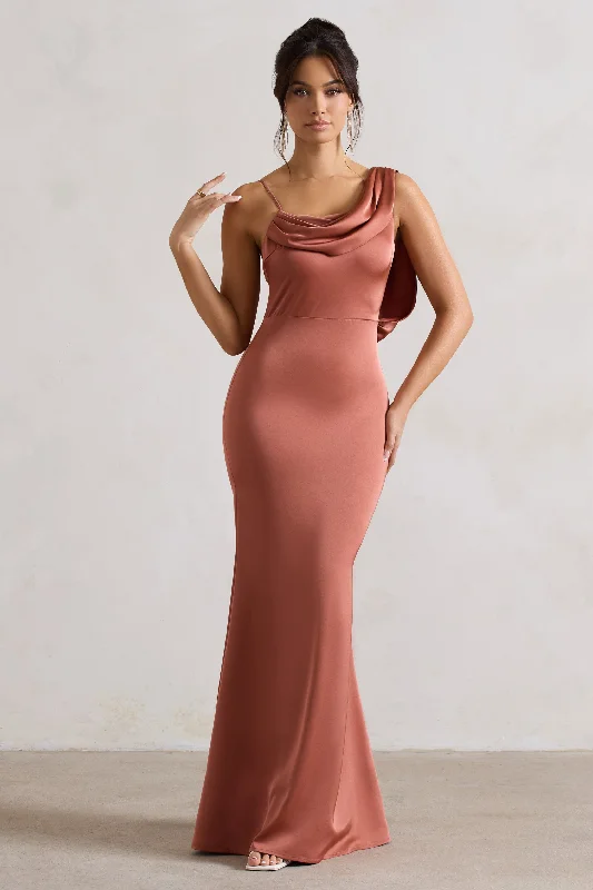 ladies-maxi-dress-delicate-drift-Wistful | Rust Satin Asymmetric Cowl-Neck Maxi Dress