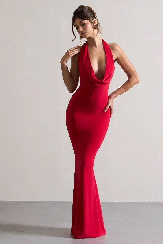 ladies-maxi-dress-pearl-prance-Milani | Red Backless Cowl Neck Fishtail Maxi Dress