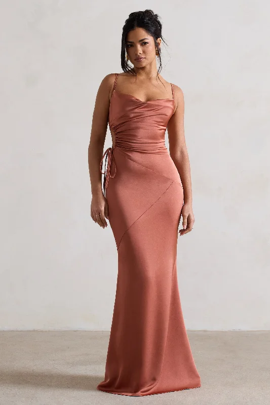 ladies-maxi-dress-claret-cascade-Carter | Rust Satin Cowl-Neck Maxi Dress With Cut-Out