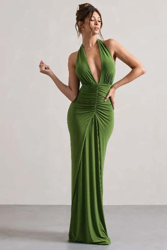 ladies-maxi-dress-retro-reverie-Payton | Palm Green Ruched Halter-Neck Maxi Dress