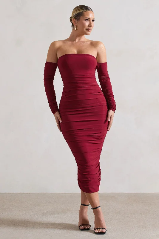 ladies-midi-dress-elegant-essence-Anissa | Berry Ruched Bardot Midi Dress