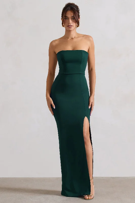 ladies-maxi-dress-celeb-chic-Belle of The Ball | Bottle Green Bandeau Maxi Dress With Split Hem