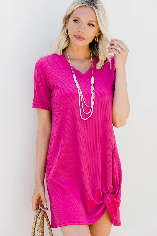 Women's shirt dress gleam glow -Off To A Good Start Fuchsia Pink Ribbed T-shirt Dress