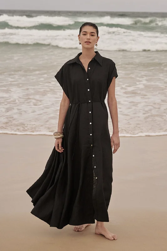 Women's shirt dress clean chic -LANA BLACK LINEN MIDI SHIRT DRESS