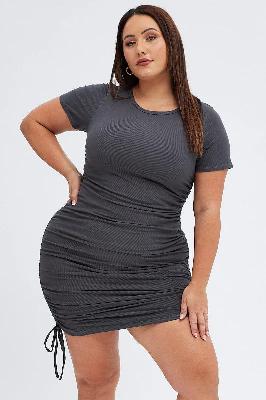 ladies-bodycon-dress-eggplant-edge-Grey Bodycon Dress Short Sleeve Side Ruched Rib