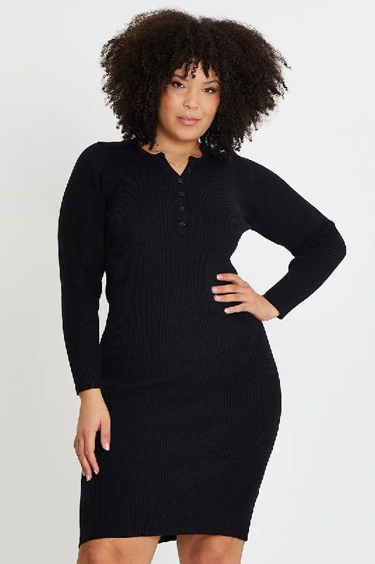 ladies-bodycon-dress-fresh-form-Black Midi Knit Bodycon Dress V-neck Long Sleeve