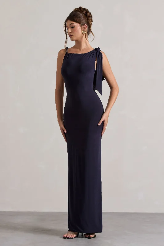 ladies-maxi-dress-solid-serenity-Kacey | Navy Twisted Knot Maxi Dress