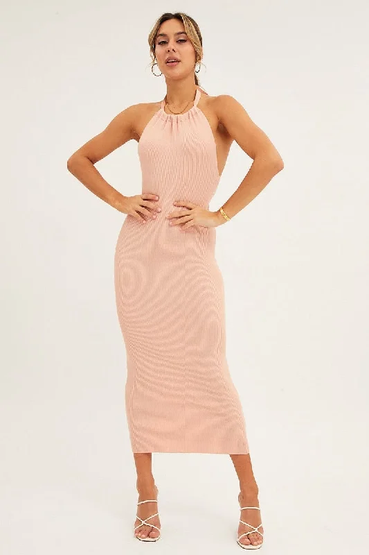 ladies-bodycon-dress-stretchy-sassy-Pink Halter Dress Midi Knit Bodycon