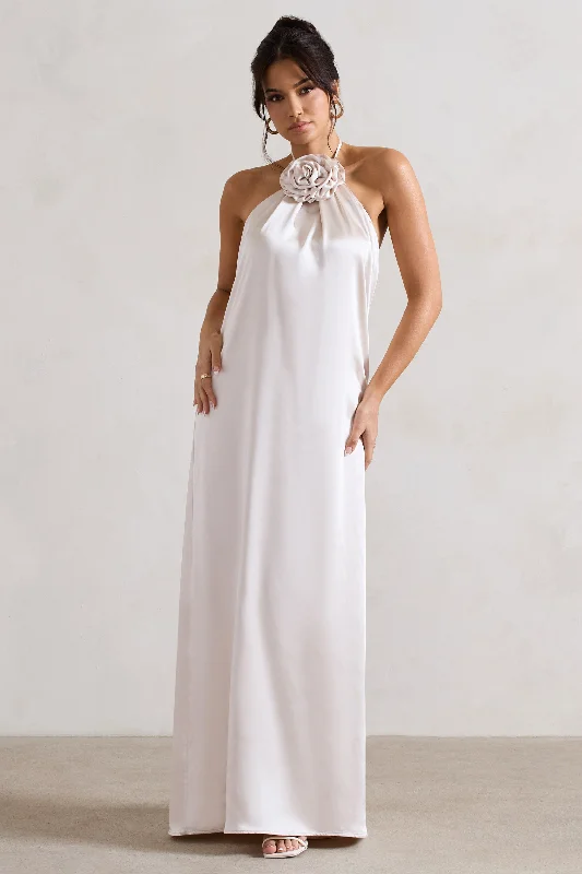 ladies-maxi-dress-fringe-flair-Everleigh | Cream Satin Relaxed Fit Maxi Column Dress With Corsage