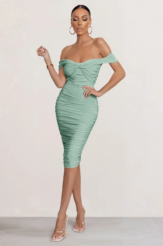 ladies-midi-dress-pearl-prance-Gratitude | Sage Off The Shoulder Ruched Midi Dress