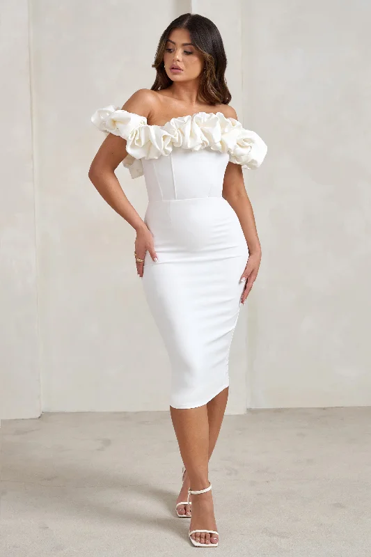 ladies-midi-dress-tiktok-treasure-Estie | White Structured Statement Bardot Midi Dress