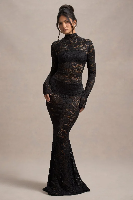 ladies-maxi-dress-slate-sway-Delevingne | Black Lace Sheer Long-Sleeve Maxi Dress