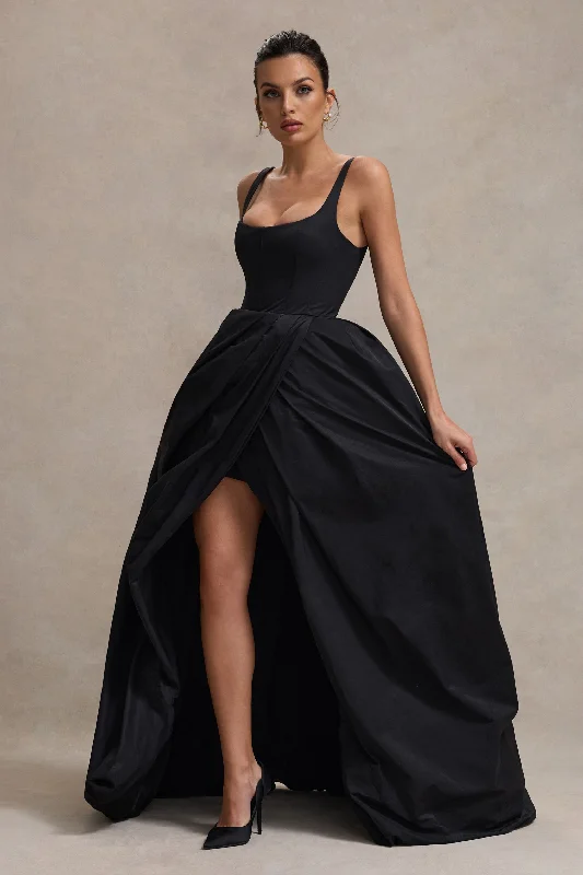 ladies-maxi-dress-plus-size-poise-Infinite | Black Strappy Maxi Dress With Volume High-Low Skirt