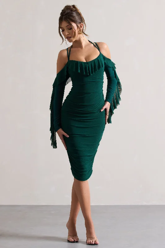 ladies-midi-dress-sand-sway-Quinn | Bottle Green Ruched Strappy Long-Sleeved Midi Dress With Ruffles