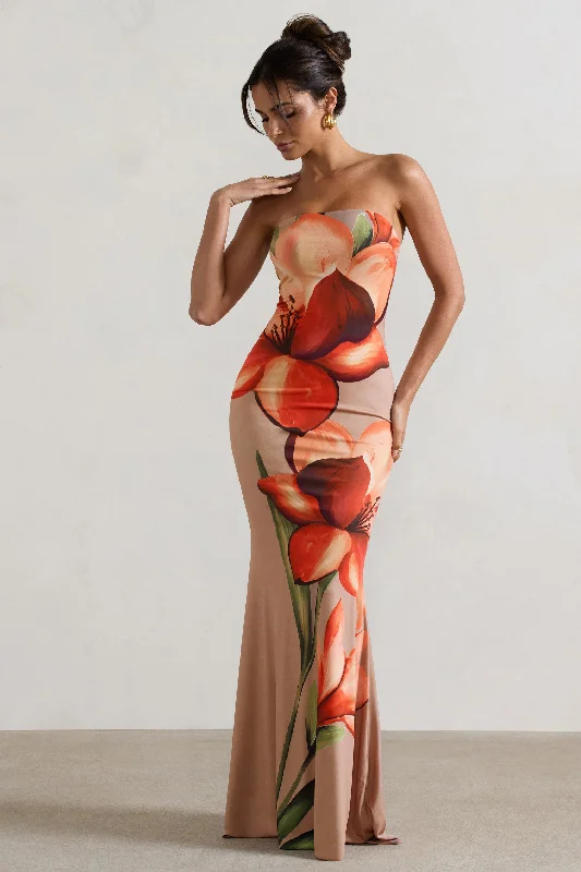 ladies-maxi-dress-wrap-wonder-Ceremony | Orange and Mocha Floral Bandeau Fishtail Maxi Dress