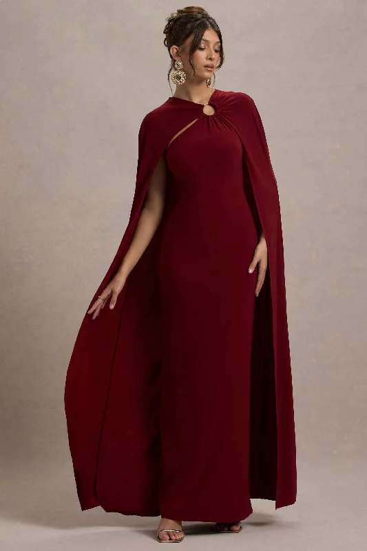 ladies-maxi-dress-sporty-sweep-Aliza | Berry Cape Maxi Dress With Gold Ring