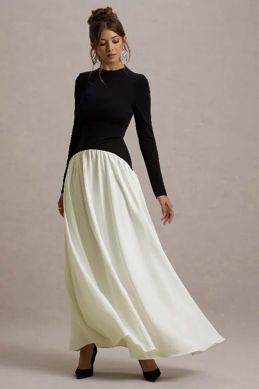 ladies-maxi-dress-silver-sweep-Benedetta | Black & Cream Long-Sleeve Drop-Waist Maxi Dress