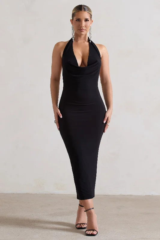 ladies-midi-dress-subtle-sweep-Roulette | Black Cowl-Neck Midi Dress