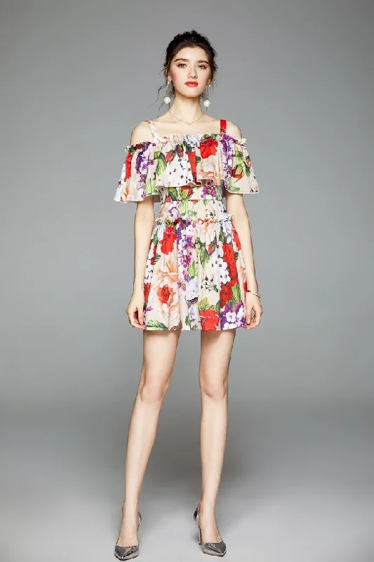 ladies-floral-dress-plum-peony-Multicolor Day A-line Off The Shoulder Strap Micro Floral Printed Dress