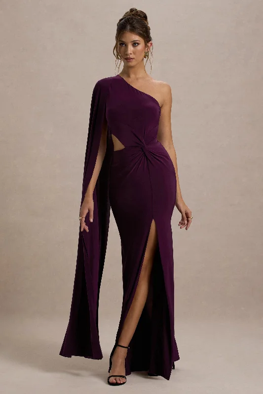 ladies-maxi-dress-sleeveless-flow-Brona | Plum One-Shoulder Cape-Sleeve Split Maxi Dress