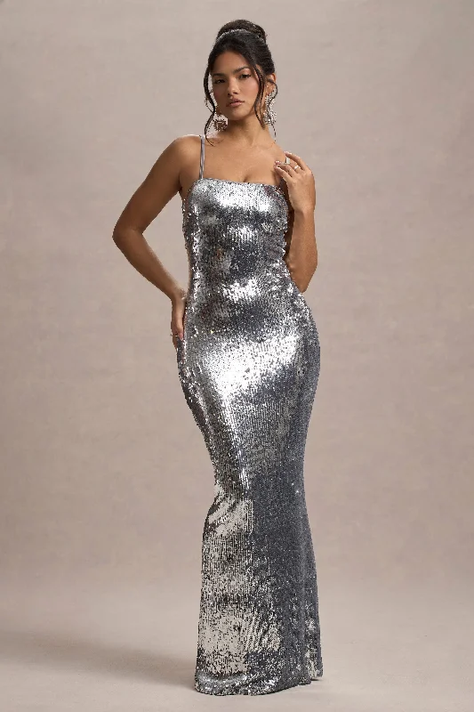 ladies-maxi-dress-heather-harmony-Flashback | Silver Sequin Strappy Maxi Dress