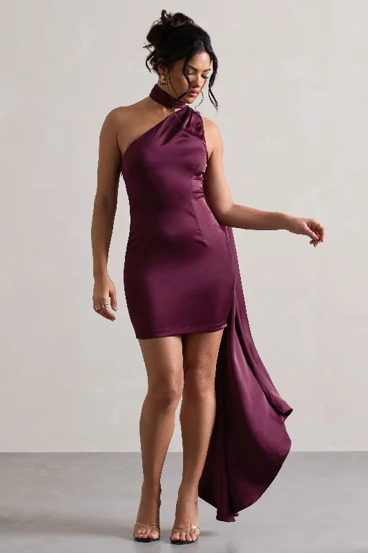 Women's mini dress quick step -Natalie | Plum Satin One Shoulder Mini Dress With Scarf Detail