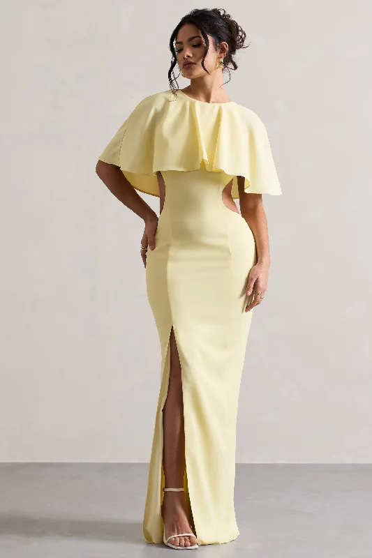 ladies-maxi-dress-periwinkle-pride-Isadora | Pastel Yellow Cut-Out Split Maxi Dress With Cape