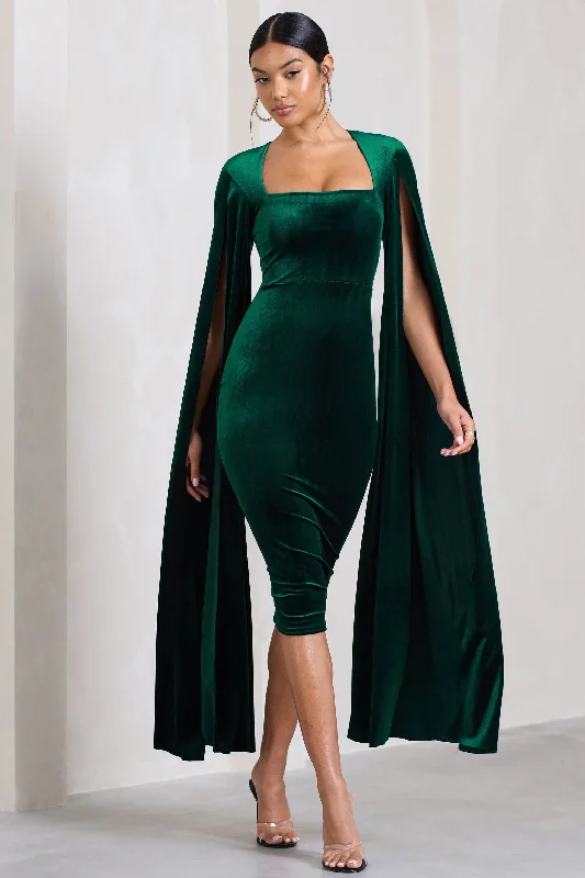 ladies-midi-dress-rust-ripple-Flawless | Bottle Green Velvet Square Neck Midi Dress With Cape Sleeves