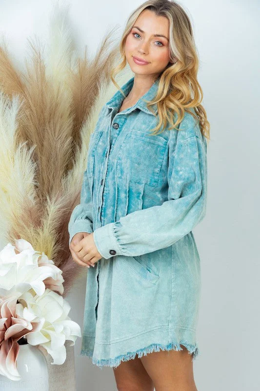 Women's shirt dress glad pop -Corduroy Dip Dye Shirt Dress in Teal